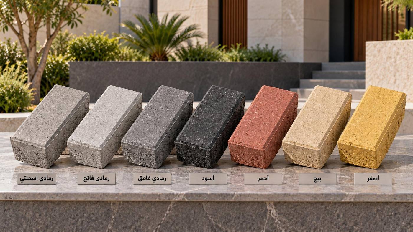 ألوان إنترلوك Ideal Stone: رمادي أسمنتي، رمادي فاتح، رمادي غامق، أسود، أحمر، بيج، وأصفر