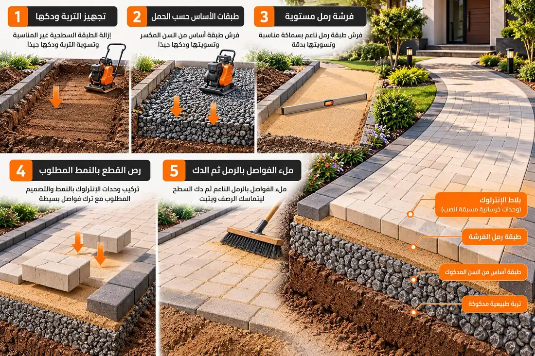 خطوات تركيب الإنترلوك الخمس وطبقات الرصف