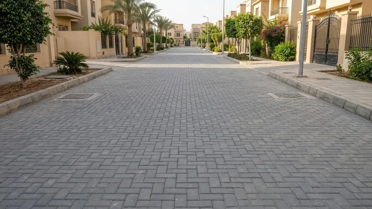 شارع واسع بين الفيلات مرصوف بإنترلوك خرساني